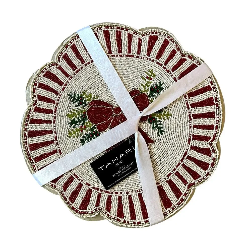 Tahari Set of 2 Bow Beaded Placemats 15in Round Red White Christmas Holiday New